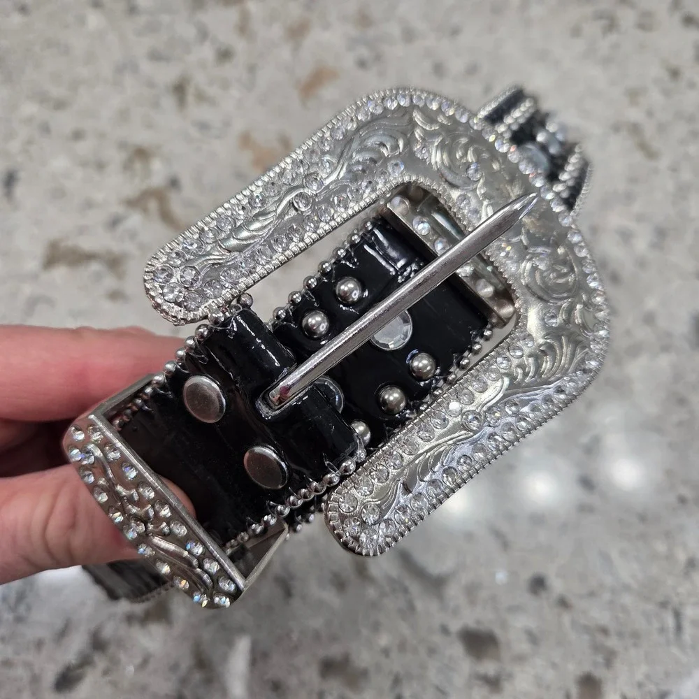 Vintage Blazin Roxx Women Blk Croc Rhinestone Western Belt Silver Studded XL Y2K